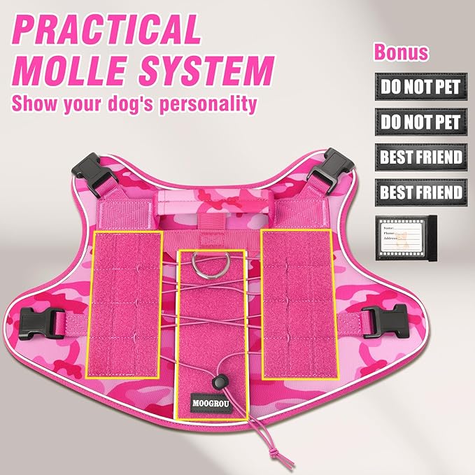 Tactical Dog Harness Medium Sized Dog,No Pull Military Dog Vest with Easy Control Handle&Molle,Adjustable Heavy Duty Pet Harness for K9 Working Hiking Training Daily Walking Camo Pink M