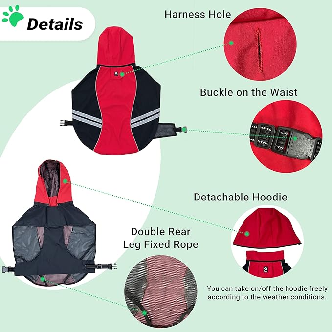 Dog Raincoat for Medium Large Extra Large Dogs, Waterproof Rain Jacket with Reflective Strap, Lightweight Hoodies Full-Body Coverage Dry Clothes (XL, Red)