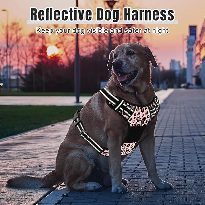 Rnivvi No Pull Dog Harness, Cute Leopard Reflective X-Large Sized Puppy Harness, Adjustable Soft Padded Vest for Large Dogs, Heavy Duty Pet Vest with Easy Control Handle for Walking Training, Pink