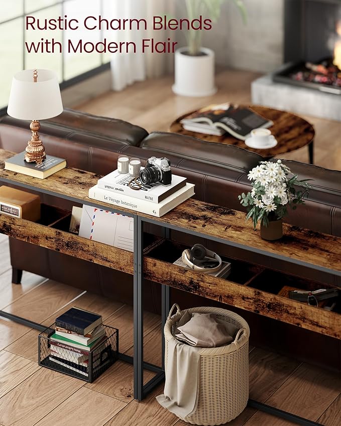 VASAGLE 2-Tier Entryway Table, Narrow Console Table, Semi-Open Compartments, 9.4 x 39.4 x 31.5 Inches, for Hallway, Living Room, Rustic Brown and Ink Black ULNT091K01