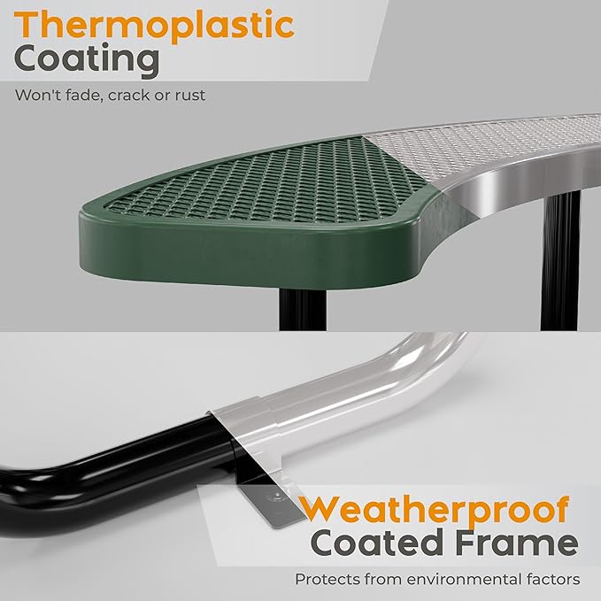 Metal Picnic Tables for Outdoors with Umbrella Hole - Coated Steel Heavy Duty Commercial Grade Furniture Set with Adjustable Seats (Green, 46 in, Round, Expanded Steel)