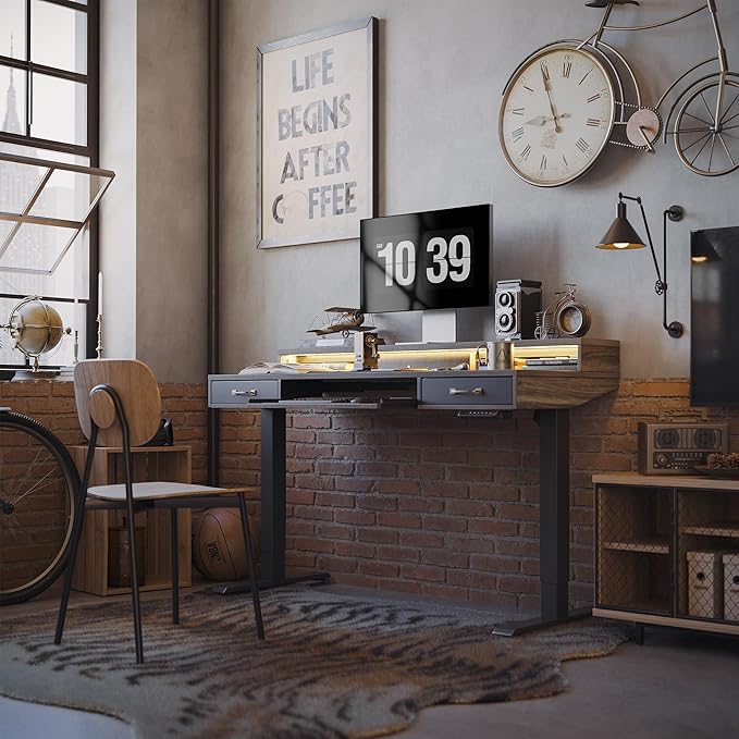 FEZIBO 55 x 24 Inch Height Adjustable Electric Standing Desk with Double Drawers&Keyboard Tray, Stand Up Desk with LED Strips&Monitor Stand,Rustic Grey Top