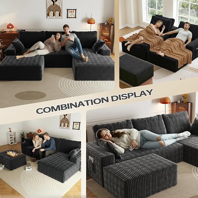 Cloud Sectional Couch with L-Shape Chaise,4 Seat Modern Modular Sofa with Deep Seat (Gray, Ottoman)