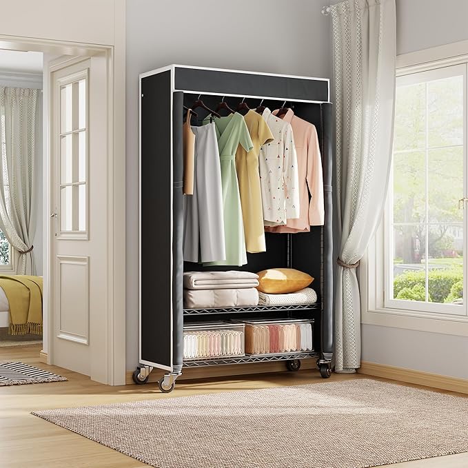 H4 Clothing Rack with Cover, Rolling Heavy Duty Clothes Rack, Garment Rack on Wheels, Portable Closet for Hanging Clothes, Black Clost Rack with Black Fabric Cover, Max Load 380LBS