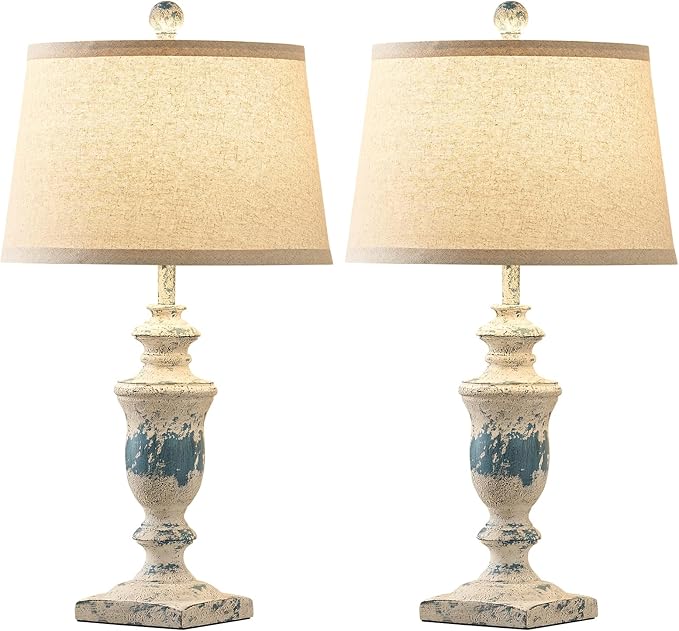 23" Farmhouse Table Lamps Set of 2, 3 Way Dimmable Lamps with 2 LED Bulbs and Rocker Switch, Vintage Nightstand Lamp for Bedroom Living Room Office End Table Entryway, Washed Blue
