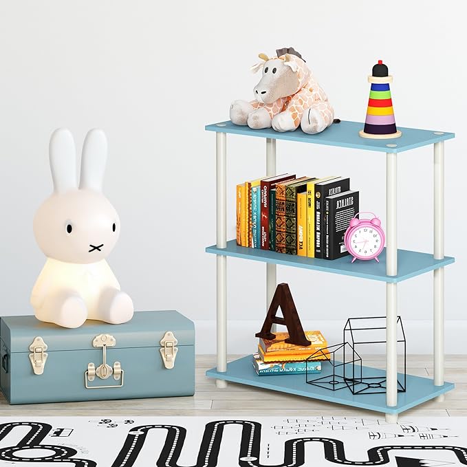Furinno TURN-N-TUBE Storage Shelves, 3-Tier Book Shelf, Corner Shelf, Toolless Open Shelves, for Organization and Storage, Living Room, Garage, Home Office, Light Blue
