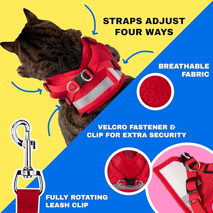 Travel Cat Harness and Leash Set - Adjustable Fit Mesh Cat Harness and Reflective Strap - Comfort Escape Proof Harness for Cats, Kitten for Outdoor Walking, Hiking (Large, Red)