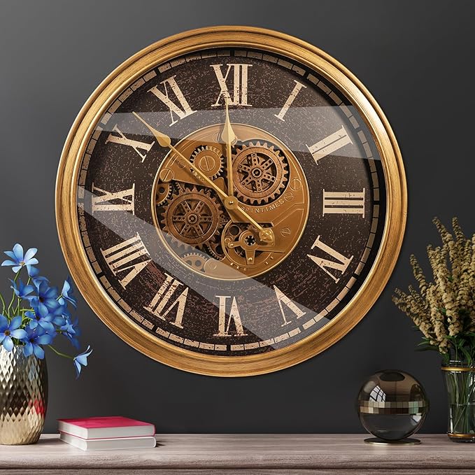 October Elf Large Real Moving Gears Wall Clock 24 Inch Vintage Industrial Steampunk Large Big Metal Wall Clock for Living Room Decor (24 Inch Roman Antique Brass Brown)