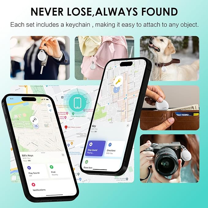 Air Tracker Tags-4 Pack: Bluetooth Tracker Works with Apple Find My (iOS Only), Key Finder and Smart Tag Locator for Luggage, Backpack, Suitcases, Pets, Replaceable Battery(White)