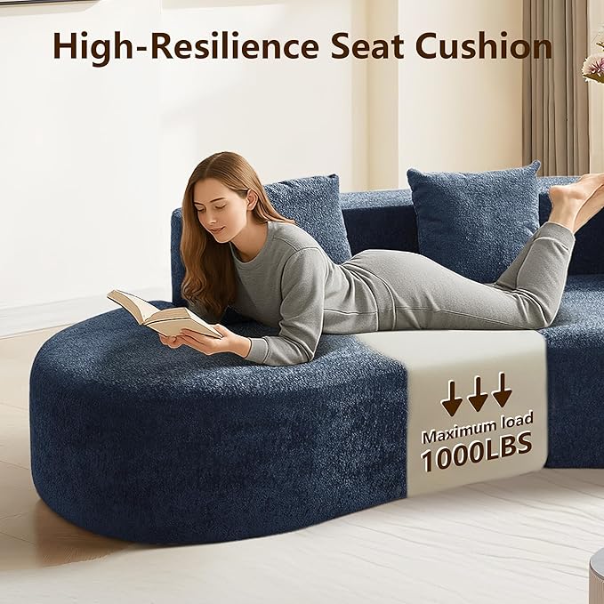 109'' Curved Couch, Mid Century Modern Half Moon Sofa, Luxury 3-Seat Couch with High-Density Foam Filled, Raindrop Velvet Fabric Sectional Sofa for Living Room, Apartment, Office, Blue