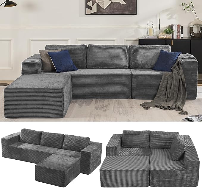 Loveseat Sofa, Cloud Modular Sofa Couch, Upholstered Floor Sofa with Deep Seat, Upholstered Foam Couch for Bedroom Living Room, No Assembly Required (Plush Corduroy Fabric, Grey)