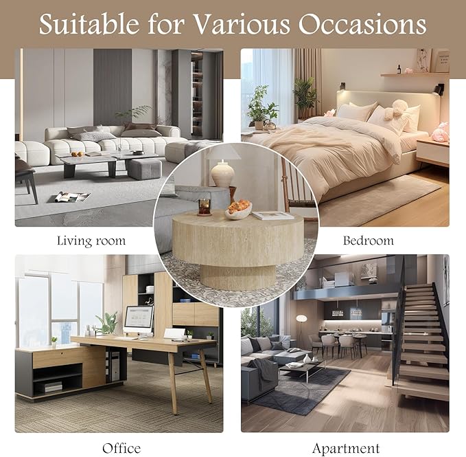 Travertine Coffee Table 29.92" Modern Round Coffee Table for Living Room, Small Circle Coffee Table Drum Center Table End Table for Apartment Office Farmhouse (Round)