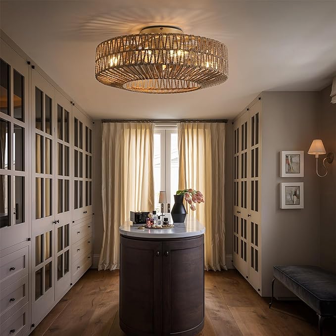 20" Boho Caged Fandelier with Lights Flush Mount Rattan Ceiling Fan with Lights and Remote Control, Enclosed 6 Speeds Low Profile Fan Light for Bedroom, Living Room, Kitchen