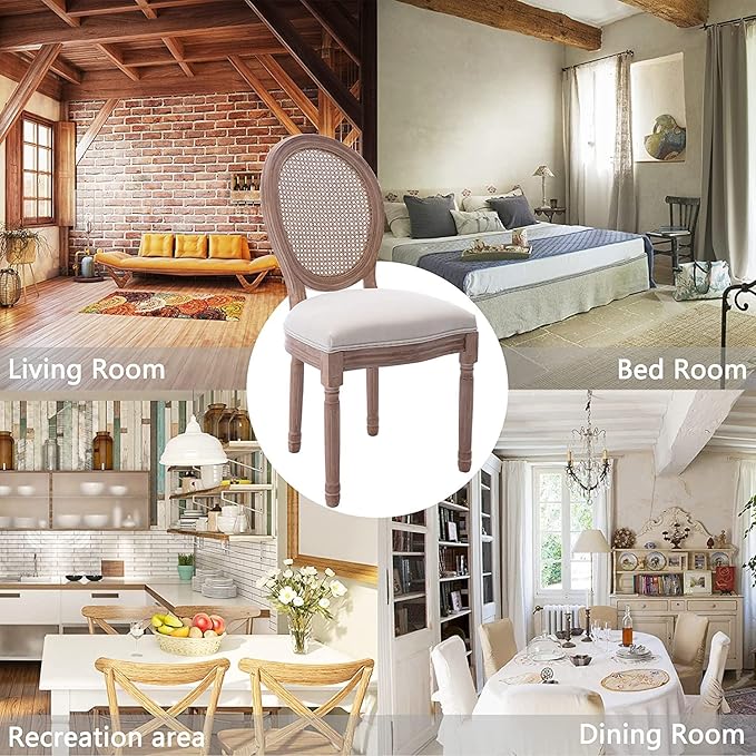 Nrizc French Country Dining Chair Set of 2, Vintage Chic, Upholstered and Carved Wooden Frames, Beige Linen Fabric, Lightweight and Sturdy, Ideal for Dining Room, Kitchen, Living Room, Bedroom