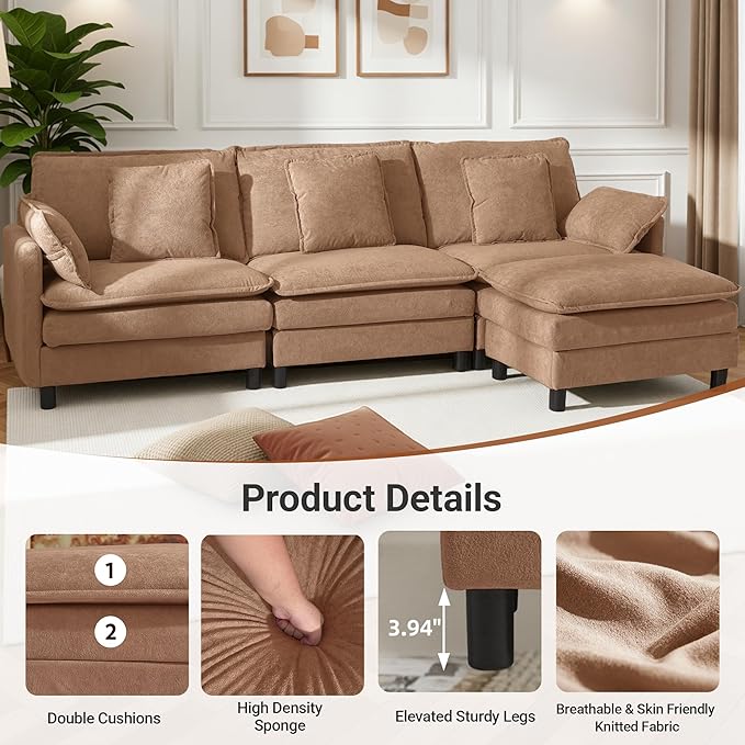 Claiks 148" Modular Sectional Sofa, Cloud Couch with Ottoman, U-Shaped 6-Seater Sofa in Chenille Fabric, Deep Seat Comfy Couch with Pillows for Living Room & Offices, Khaki