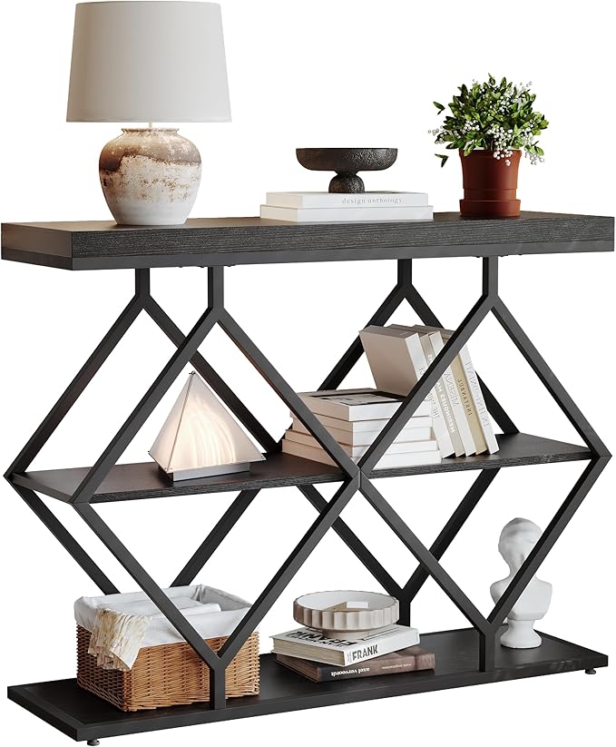 Garvee 3-Tier Entryway Table, Industrial Console Sofa Table with Storage, Accent Table with Open Shelves, Diamond-Shaped Metal Frame, Foyer Table for Entryway, Hallway, Black