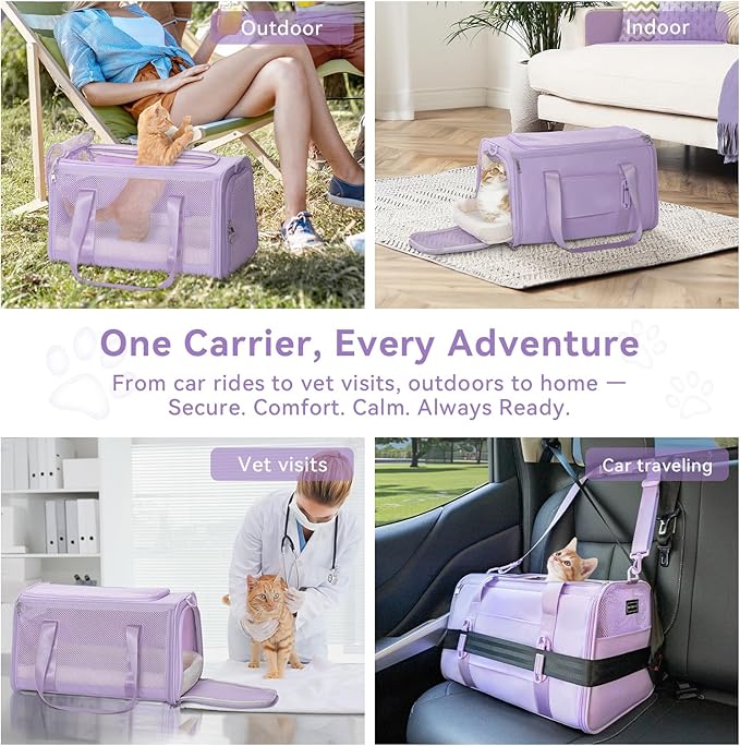 PETSFIT Soft-Sided Cat Carriers & Car Seats with Patent Safe Buckles, Clip-On Harness,19"x12"x12" Pet Travel Carrier - 20 lbs Capacity (Purple)