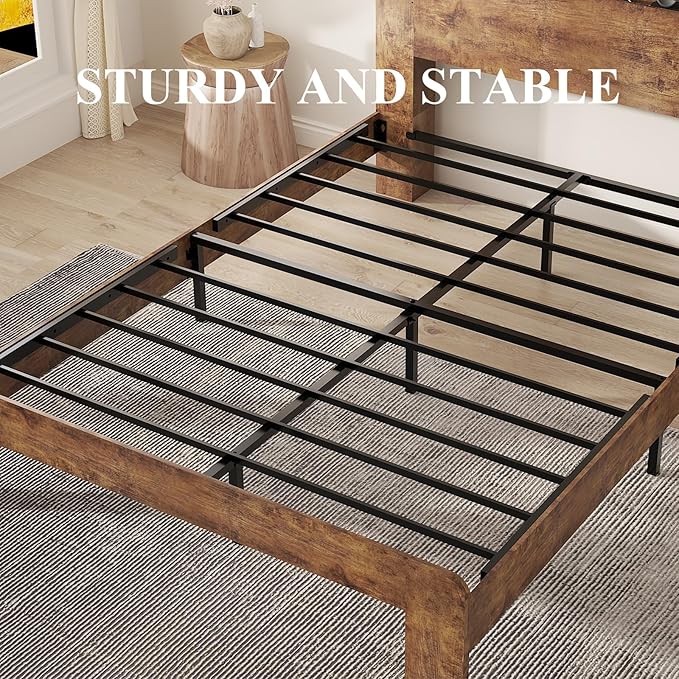 Wooden Bed Frame Queen Size with Headboard, Farmhouse Platform Bedframe with Metal Slat Support, Sturdy Framework Bed Frame, Easy Assembly (Rustic Brown LED)