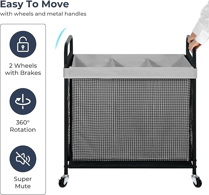 STO STO Laundry Hamper 3 Section, 120L Rolling Laundry Sorter Cart with Removable and Washable Liner Bag, Rolling Clothes Hamper with Metal Handle for Laundry Room and Bedroom, Gray