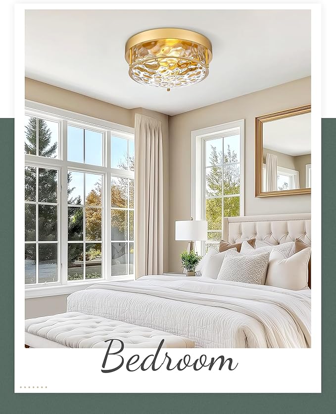 12" Flush Mount Ceiling Light, Farmhouse Style, Hammered Glass,Brass Gold, for Living Room, Bedroom, Dining – CKCL4822-2W-HGBB