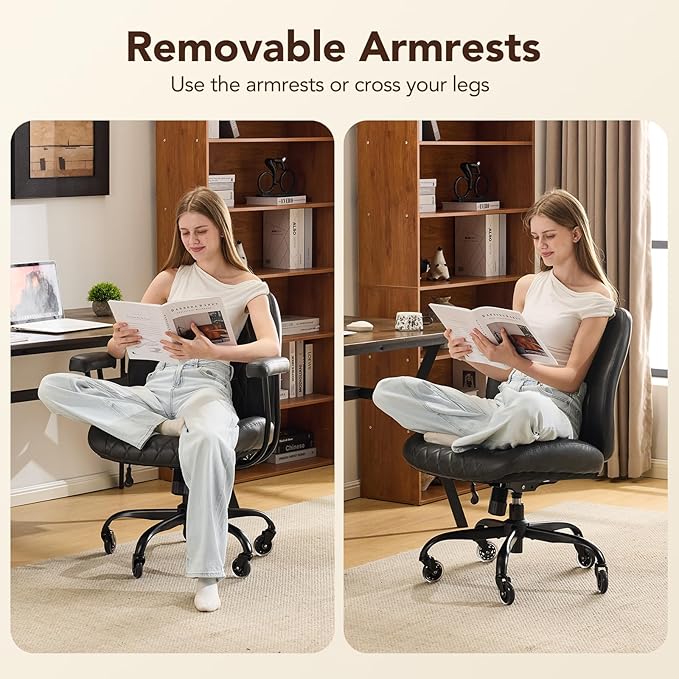 YFO Home Office Desk Chair Office Rubber Casters Ergonomic Computer Chair with Lumbar Support Adjustable Height Rolling Swivel Executive Task Armrests Chair, Black PU