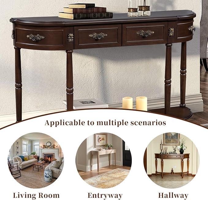 HMFULE Retro Curved Console Table, 52" Half Moon Console Table Sofa Table Entryway Table with 2 Drawers 1 Open Shelf Solid Pine Legs for Living Room,Entryway,Hallway,Espresso