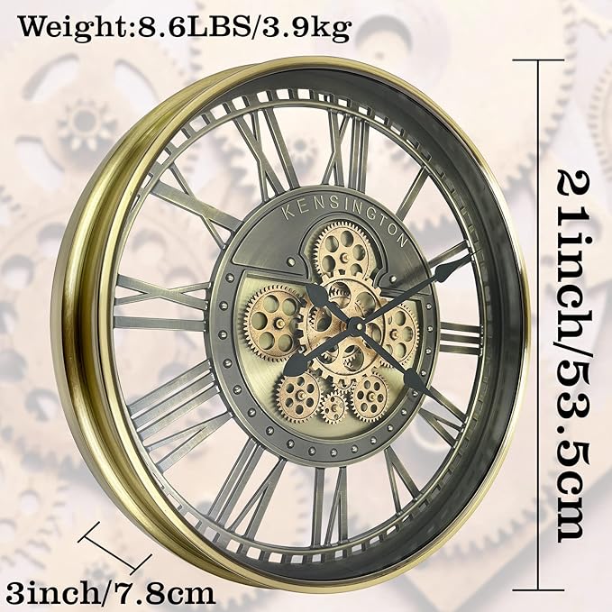 DORBOKER Real Moving Gears Wall Clock Large Modern Metal Clocks for Living Room Decor, Industrial Steampunk Unique Vintage Rustic Decorative Clock for Home Farmhouse Office, 21 Inch,Bronze Gold Roman