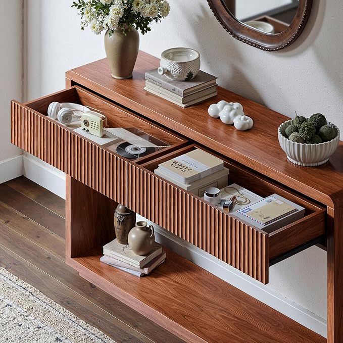 Evermagin 59'' Walnut Entryway Table with Drawers, Fluted Console Table, Mid Century Modern Sofa Table with Storage for Living Room, Entrance, Hallway