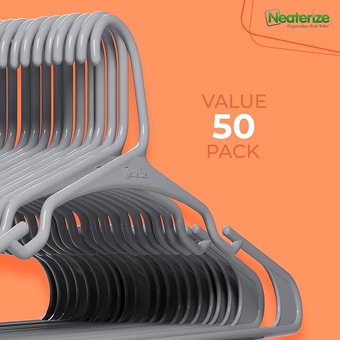 NEATERIZE Clothes Hangers 50 Pack Grey - Plastic Hangers - Ganchos Colgar Ropa