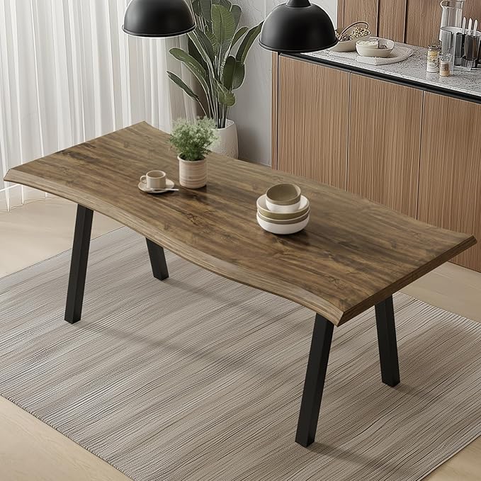 70" L Farmhouse Dining Table for 4-6, Natural Live Edge Tabletop, Large Modern Wood Kitchen Table with Metal Legs, Rectangle Rustic Dining Room Furniture, Easy Assembly & Clean (Brown, Only Table)