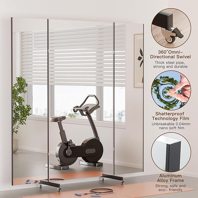 brisafe Full Length Mirror with 360° Wheels, 79"x79" Foldable Floor Mirror with Nano-Tech Shatterproof Film - Ultra-Large Mobile Mirror for Home Gym, Dance Studio & Commercial Spaces (Black)