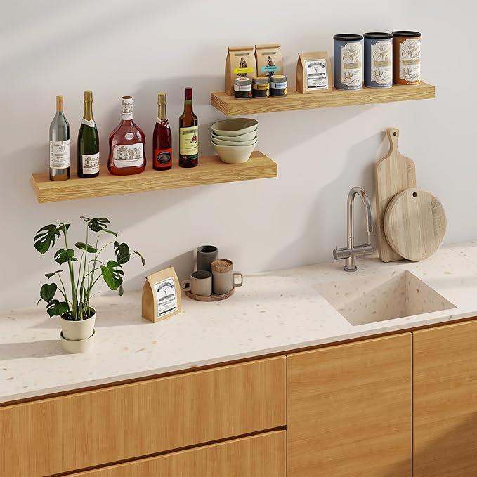 Fun Memories Floating Shelves for Wall, 36Inch Floating Shelves Set of 2, Hanging Shelf with Invisible Brackets, Bathroom Shelves for Living Room, Bedroom, Kitchen- Oak