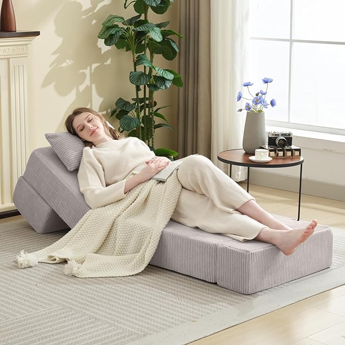 Folding Sofa Bed,Convertible Fold Out Couch,Portable Foldable Floor Mattress Sleeper Chair with Pillow,Adjustable Backrest Support,Lazy Sofa for Living Room,Single,Light Grey