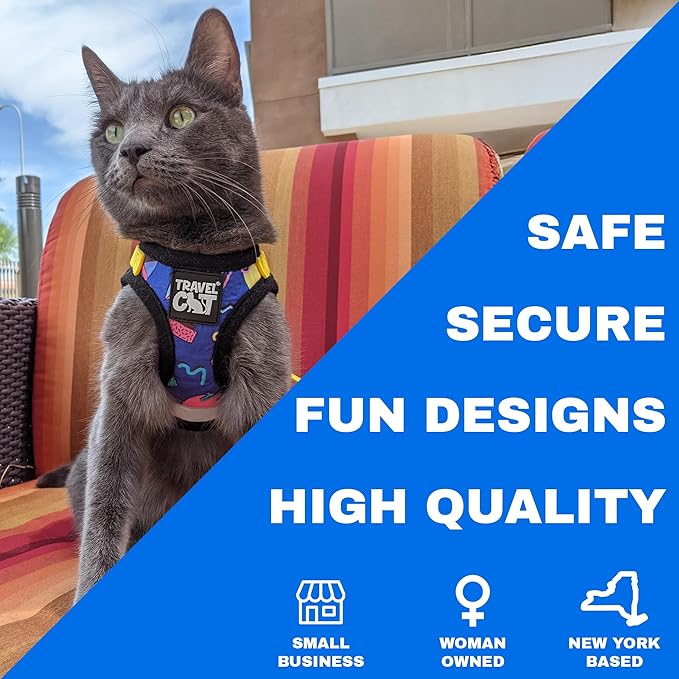 Travel Cat Harness and Leash Set - Adjustable Fit Harness and Reflective Strap - Comfort Walking Vest for Kitten for Outdoor Walking, Hiking (X-Small, 90s Cat)