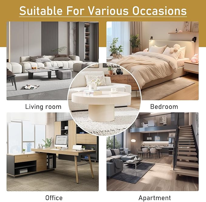 Round Drum Coffee Table 30.71" Handcrafted Fluted Drum Coffee Table Mid Century Accent Tables Modern Luxury Circle Center Table Vintage Farmhouse Center Table for Living Room (White Thin)