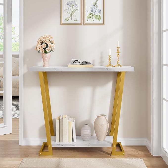 Tajsoon Narrow Console Table for Entryway 31.5'', 2 Tier Rustic Entryway Table with Open Shelves, Industrial Sofa Table with Gemometric Frame for Hallway, Living Room, Entrace, Gold & White