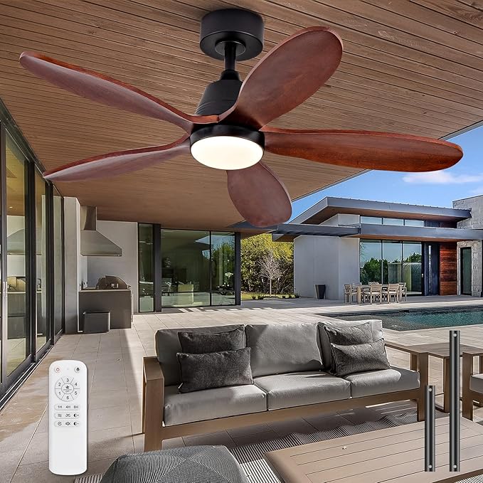42 Inch Wood Ceiling Fans with Lights and Remote, Modern Ceiling Fan with Light, 5 Blades, Dimmable, Wall Switch, Memory Function, Indoor Outdoor Black Ceiling Fan for Patio Bedroom