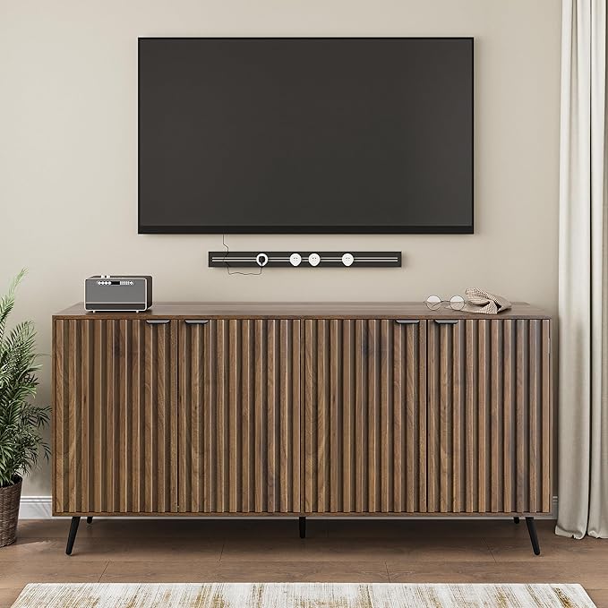Smuxee 63" Fluted Sideboard Cabinet, Freestanding Walnut Buffet Cabinet with Adjustable Shelf, Wood Storage Cabinet for Living Room, Entryway, Hallway