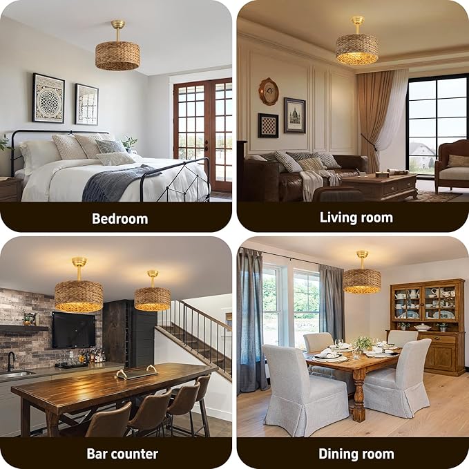 Boho Fandelier Ceiling Fans with Lights, Rattan Chandelier Fan Gold Caged Ceiling Fan with Light Remote, Flush Mount Chandelier Ceiling Fan with 6 Speeds Fandelier for Bedroom, Living Room,Kitchen