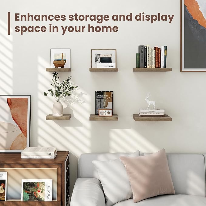 Fun Memories Floating Shelves for Wall - 12 Inch Square Shelves with Invisible Brackets, Small Wall Shelf for Living Room, Bathroom, Bedroom, and Kitchen Decor,Grey Set of 3