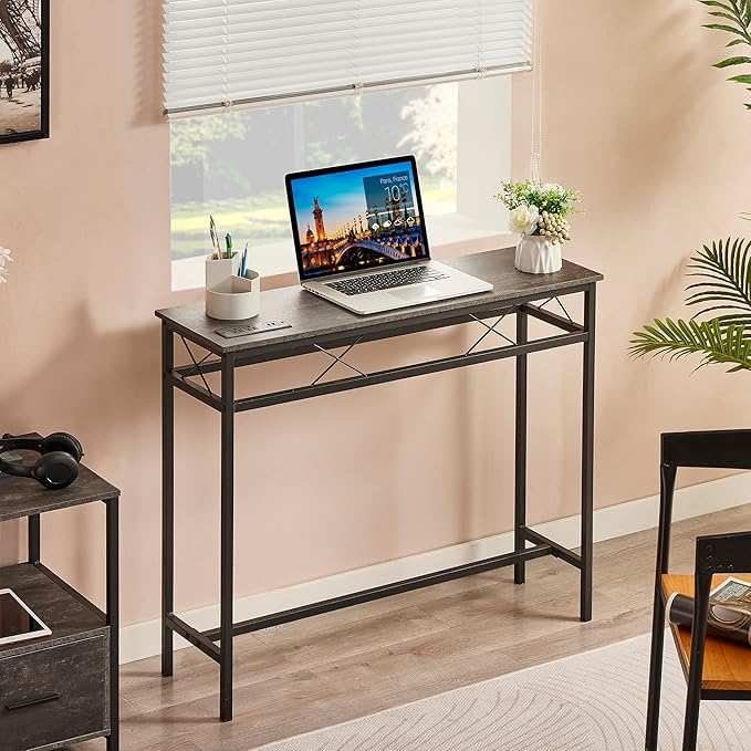VECELO 39.4In Narrow Sofa/Console Table with Charging Station & Power Outlet and USB Ports, for Entryway, Living Room, Office, Industrial, Metal Frame, Grey