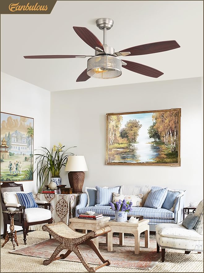 Fanbulous Farmhouse Brushed Nickel Ceiling Fans with Lights and Remote, 52 Inch Bedroom Caged Ceiling Fans for Living Room Kitchen,6 Speed Reversible Quiet DC Motor, Dual Finish 5 Blades