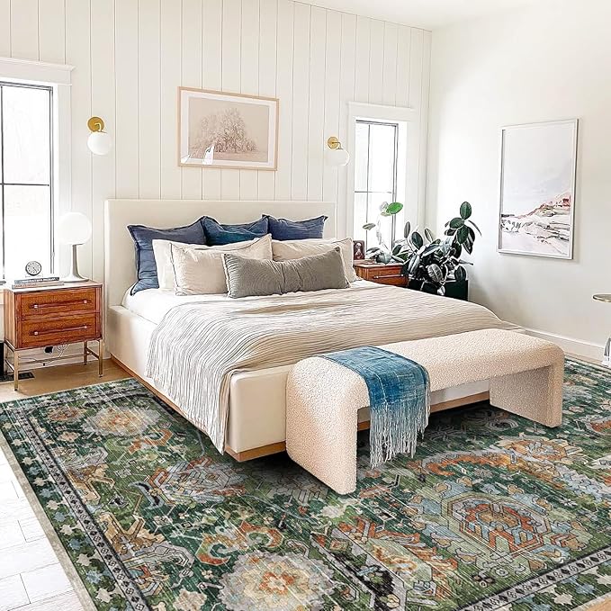 RUGSURE Washable Area Rugs - Perfect for Living Room, Bedroom, Kids Room, Nursery - Stain & Water Resistant Non-Slip, Pet & Child Friendly, Vintage Tribal Area Rugs (Green, 8' x 10')