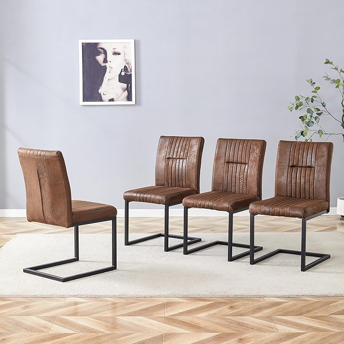 Modern Dining Chairs Set of 4, White Faux Leather Kitchen Chairs, Upholstered Armless Dining Room Chair with Gold Mental Legs Heavy Duty, Comfortable (Style 2 Brown Chiars, Set of 4)