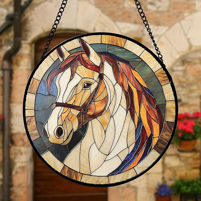 Stained Glass Window Hanging, Animal Horse Colored Mane Sun Catchers Glass Panel Cool Suncatcher Decor for Birthday for Women, Men, Wife, Aunt, and Mom 7.8 in