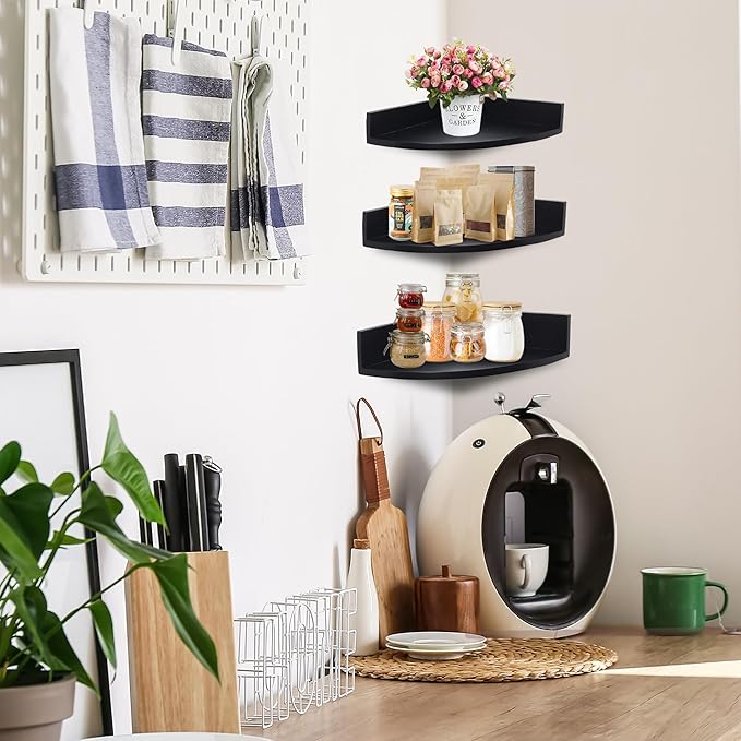 Demigo Corner Shelf Wall Mount Set of 3, Solid Acacia Wood Round Floating Corner Shelves for Storage and Display, Hanging Wood Shelves for Bedroom, Kitchen, Living Room, Bathroom (Black)