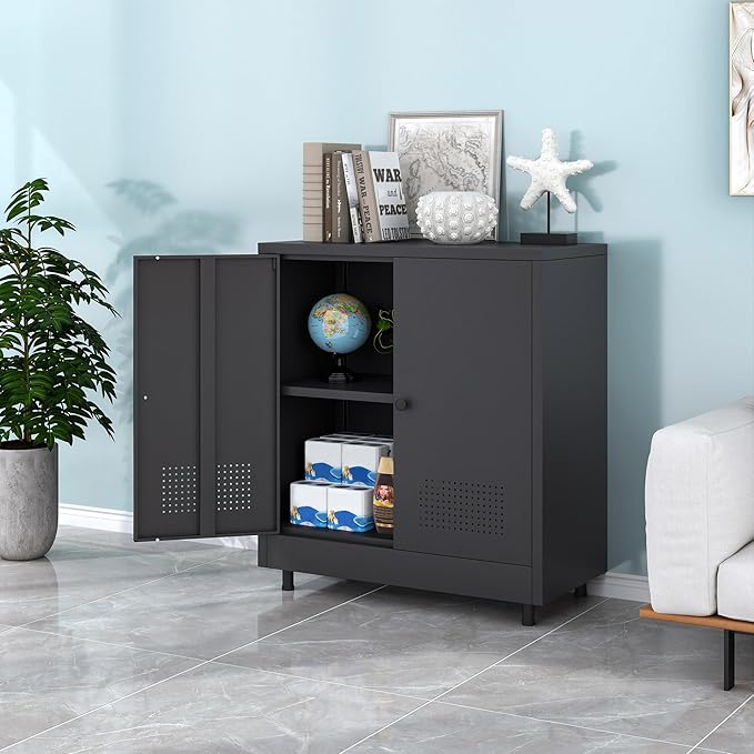 Metal Storage Cabinet with 2 Doors and Adjustable Shelf, Steel Accent Sideboard Buffet Cabinet for Home, Office, Garage, Entryway, Living Room, Kitchen Pantry and Dining Room (Black)