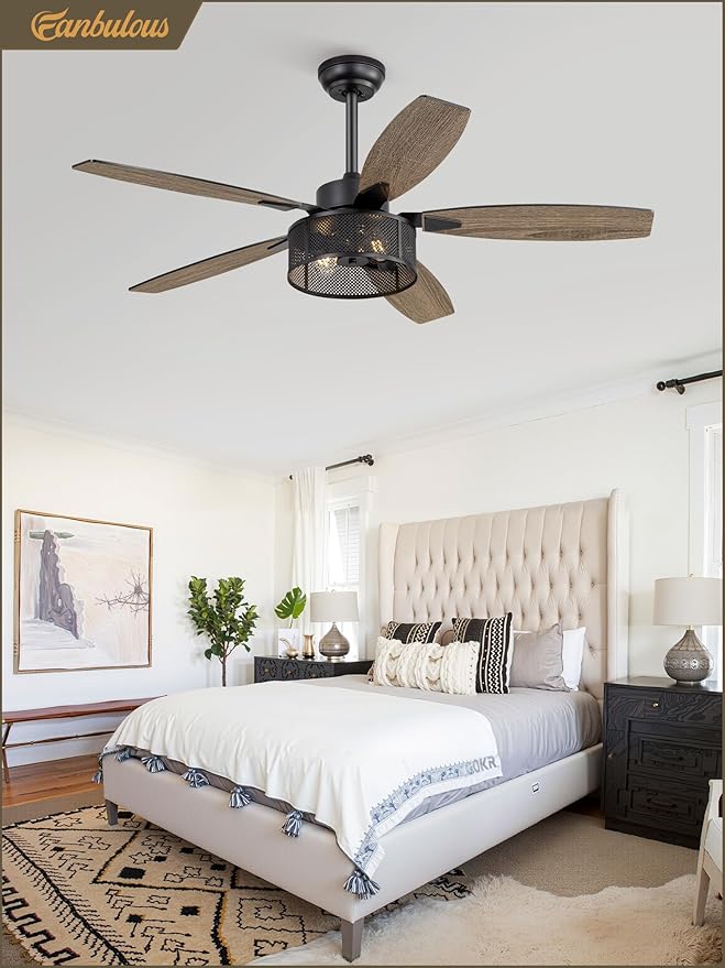52 Inch Farmhouse Ceiling Fan with Light and Remote, Black Industrial Caged Ceiling Fans Flush Mount, 5 Dual Finish Blades, 6-Speed Reversible Quiet DC Motor, Rustic Design for Bedroom, Living Room