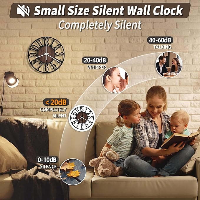 Maxstar Wall Clock Battery Operated,Silent Non-Ticking Modern Rustic Metal Round Clocks Small for Living Room/Bedroom/Office/Kitchen/Farmhouse Home Decor-10 Inch(Brown-Wood)