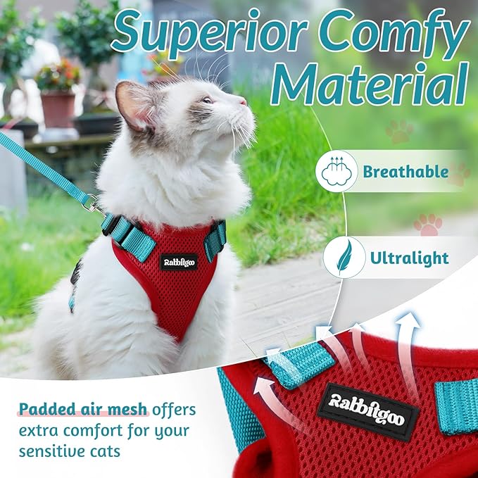 rabbitgoo Cat Harness and Leash for Walking, Escape Proof Soft Adjustable Vest Harnesses for Cats, Easy Control Breathable Reflective Strips Jacket, Red & Teal, XS
